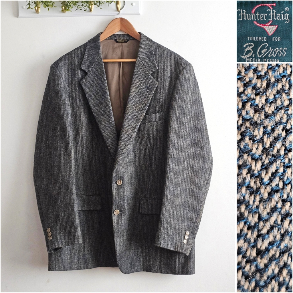 Vintage Hunter Haig Tweed Sport Coat 46r Gray Herringbone Wool Blazer Usa Union